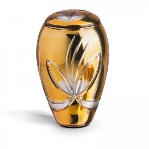 High Quality Bohemian Crystal Keepsake - Miniature Urn – (Orange with Flower Decoration)